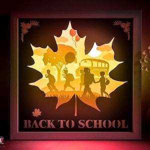 Back to School Shadow box SVG Template, Children Papercut Lightbox cricut SVG, 3D layer Autumn Maple Leaf Paper cut Light box DXF Papercraft