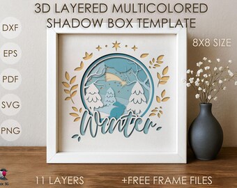 3D Christmas Shadow box SVG Template, Colored Winter Papercut cricut SVG, 3D layered Merry X-mas Paper cut Card box Papercraft Cardstock DXF