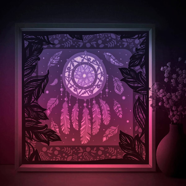 Ethnic Dream catcher Shadow box SVG Template, Feather Pattern Silhouette Papercut Lightbox cricut SVG, 3D layered Paper cut Light box DXF Ethnic Dream catcher Shadow box SVG Template, Feather Pattern Silhouette Papercut Lightbox cricut SVG, 3D layered Paper cut Light box DXF