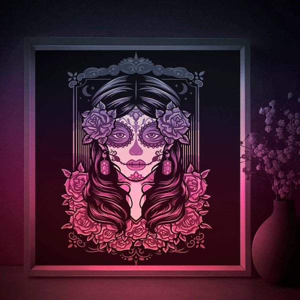 Dia de los Muertos Shadow box SVG Template, Day of Dead Papercut Lightbox cricut SVG, 3D layer La catrina Paper cut Light box DXF Papercraft