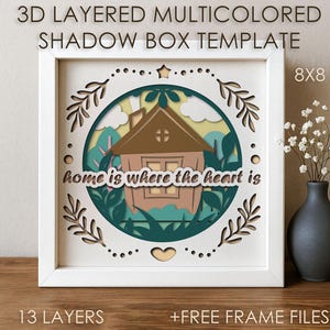 Plantilla SVG de caja de sombras Sweet Home, caja de sombras de hojas cortadas en papel de colores, Cricut SVG, caja de cartón cortada en papel en capas 3D, Papercraft, cartulina, DXF