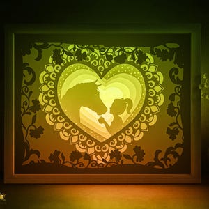 Modèle SVG coeur cheval ombre boîte, ami animal Papercut Lightbox cricut SVG, 3D en couches Mandala papier découpé Lightbox DXF Papercraft