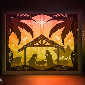 Modello SVG per scatola delle ombre della notte santa, scena della natività di Natale Papercut Lightbox cricut SVG, strato 3D 8x10 Natale Paper cut Light box Papercraft