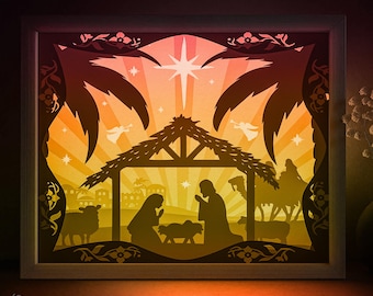 Holy Night Shadow box SVG Template, Noel Nativity scene Papercut Lightbox cricut SVG, 3D layer 8x10 Christmas Paper cut Light box Papercraft