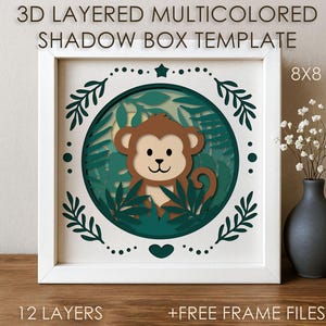 Baby Monkey Shadow box SVG-sjabloon, tropisch gekleurd Papercut Shadow box cricut SVG, 3D gelaagd papier gesneden kartonnen doos Papercraft Cardstock DXF