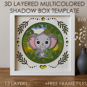 Caixa de sombra de bebê elefante africano modelo SVG, caixa de sombra de papel colorido recortado cricut DXF, caixa de papel recortado em camadas 3D, arquivo de papel cartão