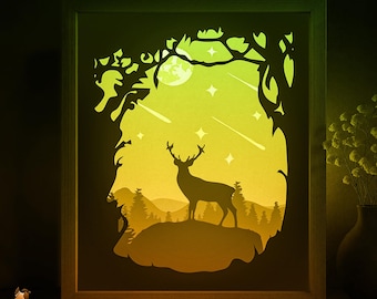 Plantilla SVG de caja de sombra de ciervo del bosque, caja de luz de corte de papel de naturaleza de montañas, caja de luz de corte de papel en capas 3D DXF Papercraft