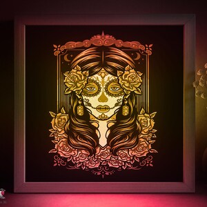 Modèle SVG Dia de los Muertos, le jour des morts Papercut Lightbox cricut SVG, calque 3D La catrina Papier découpé DXF Papercraft