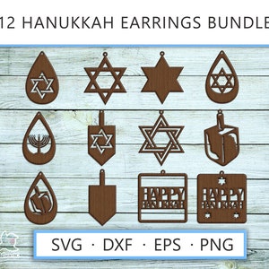 Happy Hanukkah Ohrringe SVG Bundle, Png DXF eps Laserschnitt, Ohrringe glowforge cricut Menorah Judentum dreidel hanukkiah Schmuck Vorlage