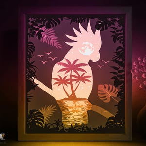 Modello SVG per scatola ombreggiata di pappagallo tropicale, Lightbox Papercut di Beach Island Cricut SVG, Foglie di palma a strati 3D Lightbox DXF Papercraft