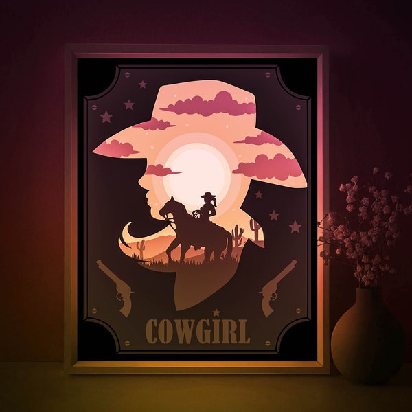 Cowgirl Shadow box SVG Template, Wild Western Papercut Lightbox cricut SVG, 3D layered Texas nature Paper cut Light box DXF Papercraft
