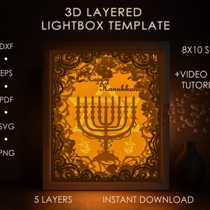 Modèle SVG Happy Hanukkah Shadow box, judaïsme Menorah Papercut Lightbox cricut SVG 3D en couches étoile de David Papier découpé Lightbox Papercraft