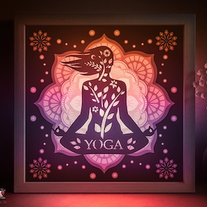 Yoga Mandala Shadow box SVG Template, Meditação Papercut Lightbox cricut SVG, Camada 3D Lotus Pose Flower Paper cut Light box DXF Papercraft