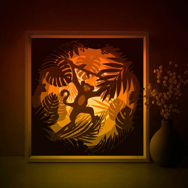 Jungle Monkey Shadow box SVG Template, Tropical Palm leaves Papercut Lightbox cricut SVG, 3D layered Paper cut Light box DXF Papercraft Jungle Monkey Shadow box SVG Template, Tropical Palm leaves Papercut Lightbox cricut SVG, 3D layered Paper cut Light box DXF Papercraft