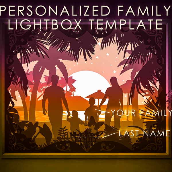 Personalized Family Portrait Shadow box SVG, Custom Signs Papercut Lightbox cricut Template, 3D layered Palm Beach Paper cut Light box file