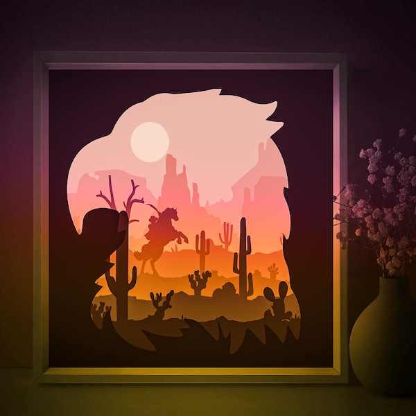 Wild West Shadow box SVG Template, Eagle Cowboy Papercut Lightbox cricut SVG, Western Canyon 3D layered Paper cut desert Light box DXF