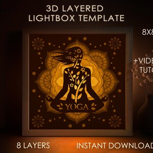 Yoga Mandala Shadow box modèle SVG, méditation Papercut Lightbox cricut SVG, calque 3D Lotus pose fleur papier découpé Lightbox DXF Papercraft