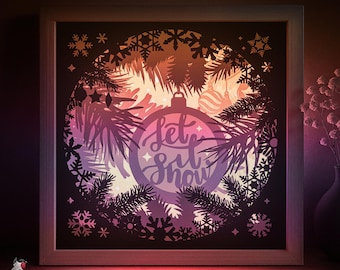 Plantilla SVG de caja de sombras Let it snow, caja de luz de papel cortado con Feliz Navidad, caja de luz de papel cortado con cricut SVG, bola de Navidad en capas 3D, caja de luz de papel cortado DXF Papercraft