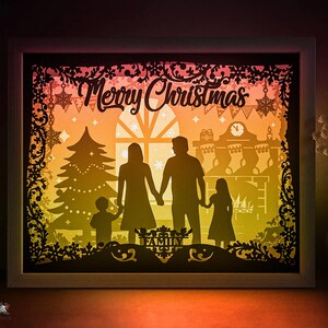 Merry Christmas Shadow box SVG-sjabloon, familieportret papercut lightbox cricut SVG, 3D-laag kerstscène papier gesneden lichtbak Papercraft