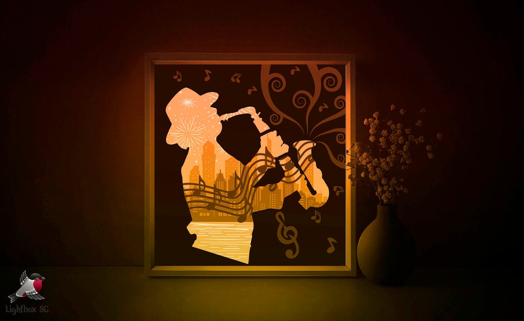 Jazz New York Shadow Box SVG Template, Saxaphone Papercut Lightbox