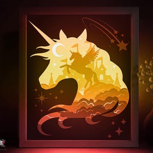 Modelo SVG de caixa de sombra de unicórnio, caixa de luz de corte de papel de conto de fadas Pegasus Cricut SVG, caixa de luz de corte de papel em camadas 3D DXF Papercraft
