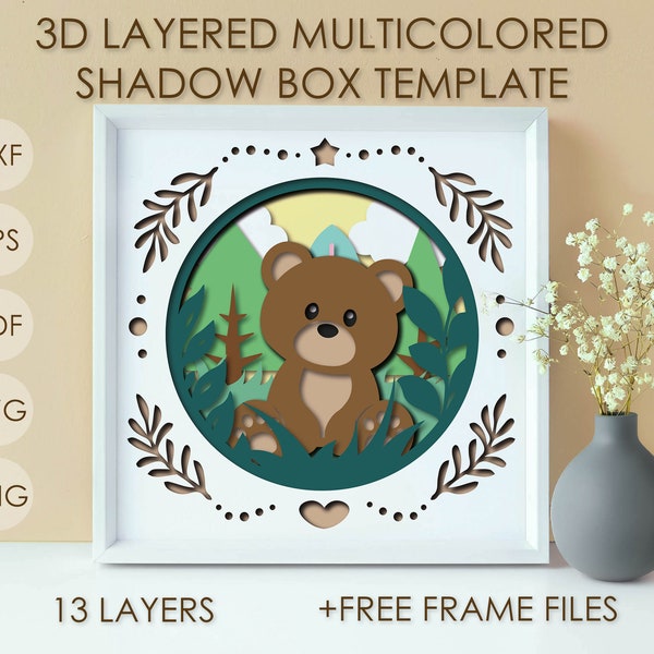 Forest Baby Bear Shadow box SVG Template, Colored Papercut Tree Shadow box cricut DXF, 3D layered Paper cut box Papercraft Cardstock file