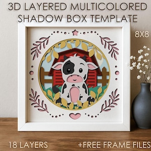 Boerderij koe Baby Shadow box SVG-sjabloon, kalf gekleurd Papercut Shadow box cricut SVG, 3D gelaagd papier gesneden kartonnen doos Papercraft Cardstock DXF