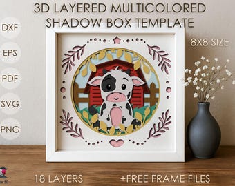 Farm Cow Baby Shadow box SVG Template, Calf Colored Papercut Shadow box cricut SVG, 3D layered Paper cut Card box Papercraft Cardstock DXF