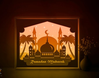 Ramadan Mubarak Shadow box SVG Template, Islamic Mosque Silhouette Papercut Lightbox cricut SVG, 3D layer Paper cut Light box DXF Papercraft