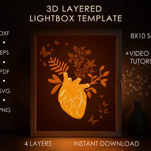 Modello SVG per scatola ombra a forma di cuore con fiori, Lightbox in carta ritagliata di San Valentino Cricut SVG, Lightbox in carta ritagliata a strati 3D DXF Papercraft
