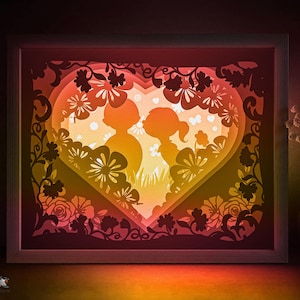 Modello SVG per scatola ombra a forma di cuore, Lightbox in carta ritagliata per bambini e bambine, Lightbox in carta ritagliata per bambini e bambine, Lightbox in carta ritagliata a strati 3D DXF Papercraft