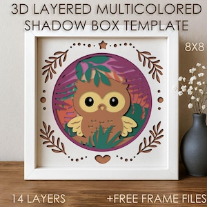 Baby Eule Schattenbox SVG-Vorlage, Tropischer Vogel Papierschnitt Schattenbox Cricut SVG, 3D-Schichtpapierschnitt Kartenbox Papercraft Palm DXF
