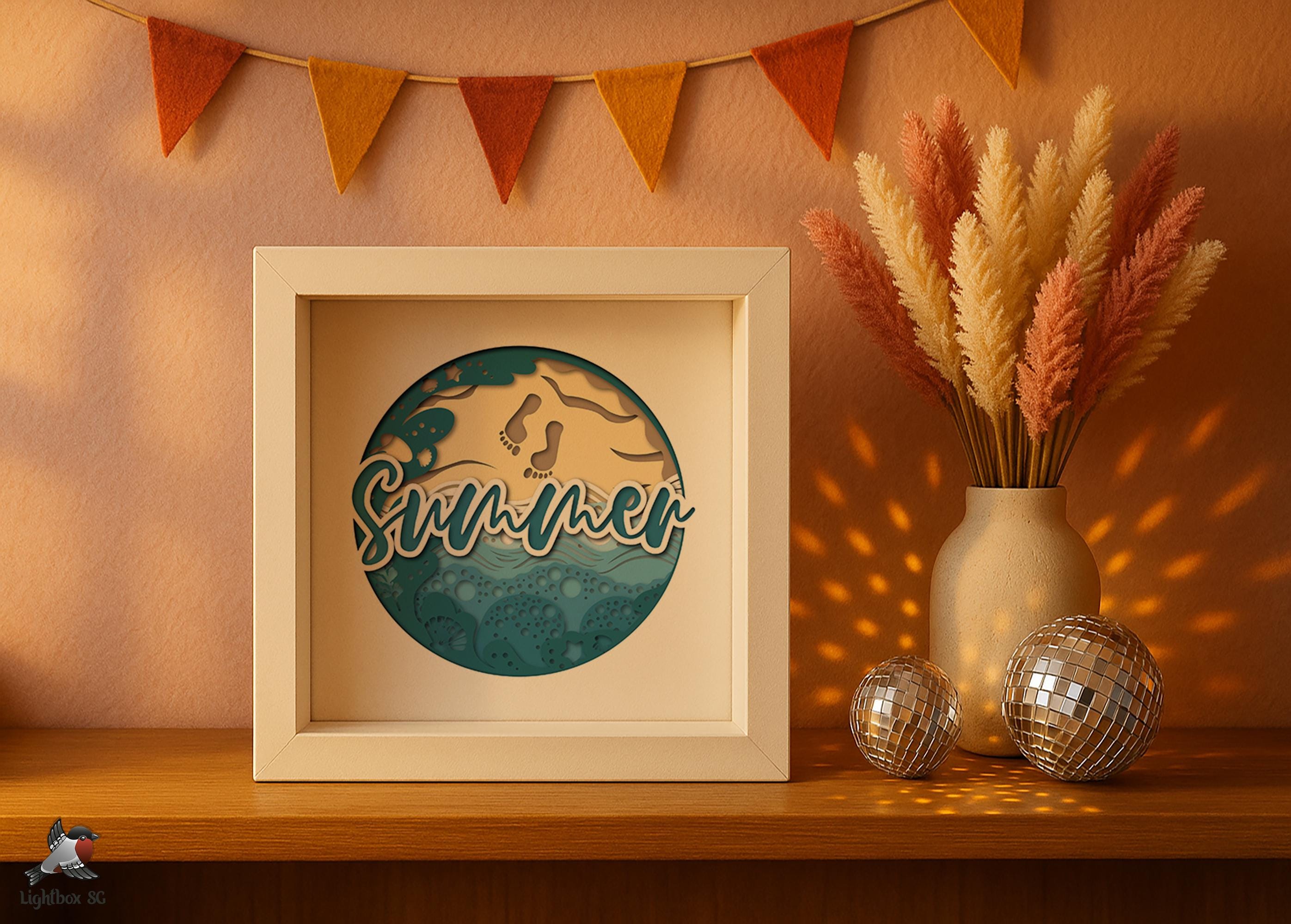 3D Summer Shadow Box SVG Template, Colored Sea Waves Papercut Beach ...