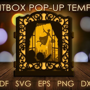 Mary Poppins Pop-Up Lightbox modèle SVG, conte de fées anglais Papercut carte lumineuse carte cricut SVG, 3D en couches papier découpé Lightbox DXF lanterne