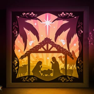Modello SVG per scatola delle ombre della notte santa, scena della natività di Natale Papercut Lightbox cricut SVG, scatola luminosa di Natale a strati 3D Papercut Lightbox Papercraft