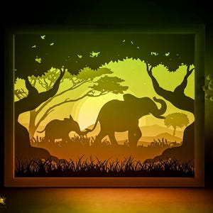 Elephant Safari Shadow box SVG Template, African Papercut Lightbox cricut SVG, 3D layered Paper cut Light box DXF Papercraft