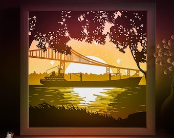 Sea Bridge Shadow box SVG Template, Ship Boat Papercut Lightbox cricut SVG, 3D layered Landscape Paper cut Light box DXF Papercraft