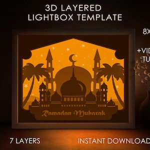 Ramadan Mubarak Schattenbox SVG-Vorlage, Islamische Moschee Silhouette Papierschnitt Lightbox Cricut SVG, 3D-Schicht Papierschnitt Lightbox DXF Papercraft