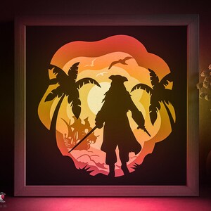 Modello SVG per scatola ombra pirata, Lightbox Papercut isola pirata Cricut SVG, Lightbox in carta tagliata a strati 3D Mar dei Caraibi DXF Papercraft
