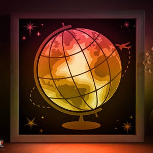 Globe Shadow box SVG-sjabloon, Bon Voyage Papercut Lightbox cricut SVG, 3D gelaagde reispapier gesneden lichtbak DXF Papercraft
