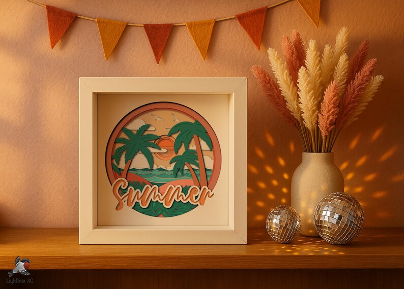 3D Summer Shadow Box SVG Template, Colored Sea Papercut Palm Trees ...