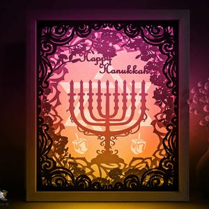 Modèle SVG Happy Hanukkah Shadow box, judaïsme Menorah Papercut Lightbox cricut SVG 3D en couches étoile de David Papier découpé Lightbox Papercraft