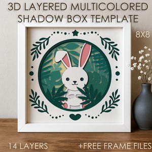 Forest Baby Rabbit Shadow box SVG-sjabloon, gekleurde Papercut Leaves Shadow box cricut DXF 3D gelaagd papier gesneden vak Papercraft Cardstock-bestand
