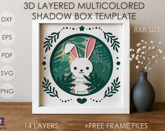 Forest Baby Rabbit Shadow box SVG Template, Colored Papercut Leaves Shadow box cricut DXF 3D layered Paper cut box Papercraft Cardstock file