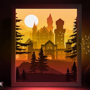 Modello SVG per scatola delle ombre del castello della foresta, modello SVG per scatola luminosa in carta tagliata di montagne, modello SVG per scatola luminosa in carta tagliata a strati 3D DXF Papercraft
