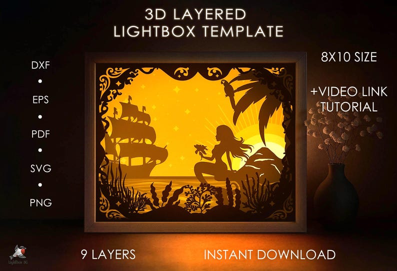 Sea Mermaid Shadow Box SVG Template, Romantic Sunrise Papercut Lightbox ...