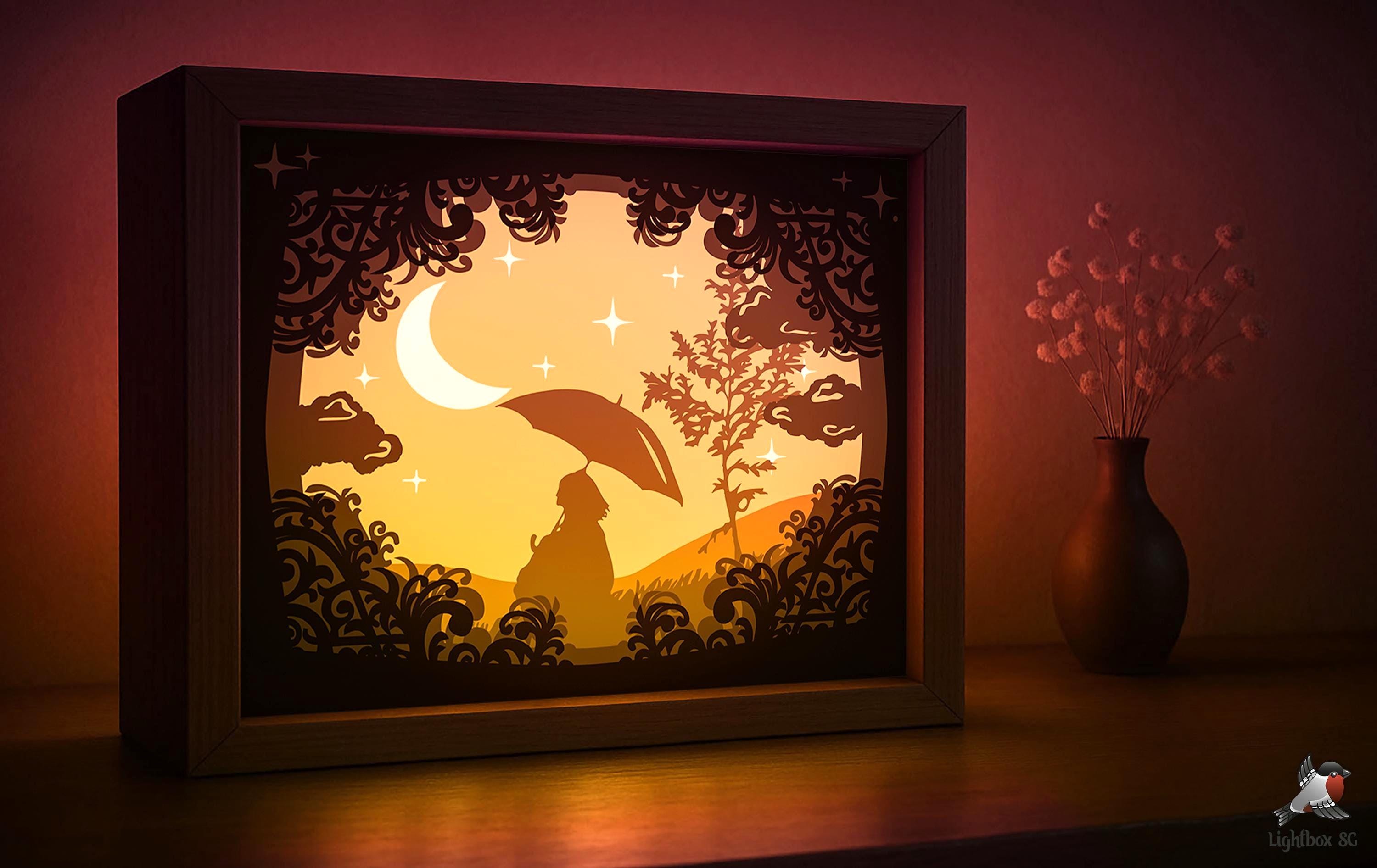 Night Sky Shadow Box SVG Template, Girl With Umbrella Papercut Lightbox ...