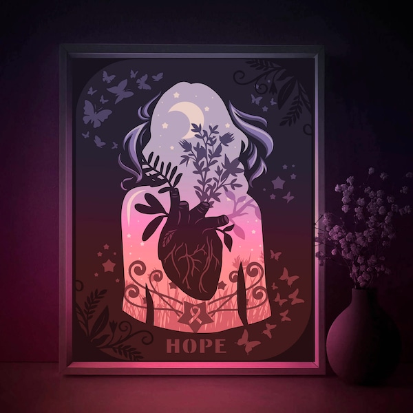Heart Girl Shadow box SVG Template, Agains Cancer Papercut Lightbox cricut SVG, 3D layered Hope Flower Paper cut Light box DXF Papercraft
