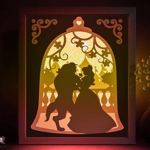 Die Schöne und das Biest Schattenbox SVG-Vorlage, Liebe Märchen Papierschnitt Lightbox Cricut SVG, 3D-Schicht Papierschnitt Lightbox DXF Papercraft