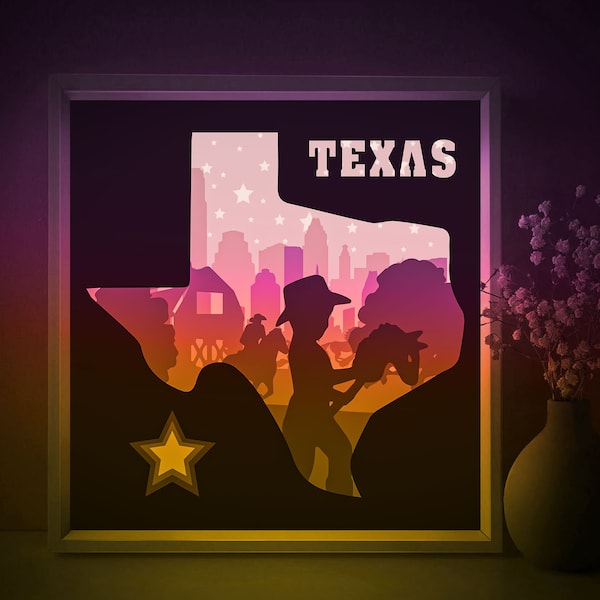 Texas Shadow box SVG Template, State Map Papercut Lightbox cricut SVG, 3D layered Cowboy Village Paper cut Light box Big City DXF Papercraft